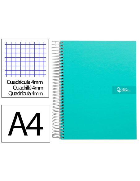 Cuaderno Espiral Liderpapel A4 Crafty Tapa Forrada 80H 90Gr Cuadro 4Mm Con Margen Color Turquesa