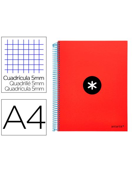 Cuaderno Espiral A4 Micro Antartik Tapa Forrada 120H 90 Gr Cuadro 5Mm 5 Bandas 4 Taladros Color Rojo