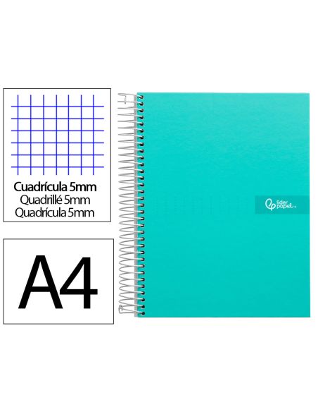 Cuaderno Espiral Liderpapel A4 Micro Crafty Tapa Forrada 120H 90Gr Cuadro 5Mm 5 Bandas 4 Taladros Color Turquesa