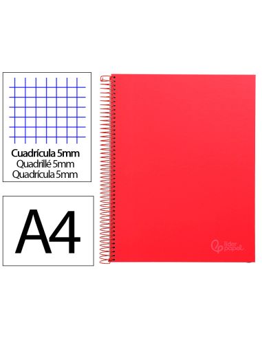 Cuaderno Espiral Liderpapel A4 Micro Jolly Tapa Forrada 140H 75Gr Cuadro 5Mm 5 Bandas 4 Taladros Color Rojo