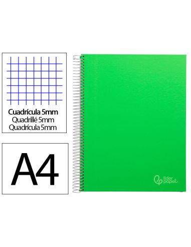 Cuaderno Espiral Liderpapel A4 Micro Jolly Tapa Forrada 140H 75Gr Cuadro 5Mm 5 Bandas 4 Taladros Color Verde