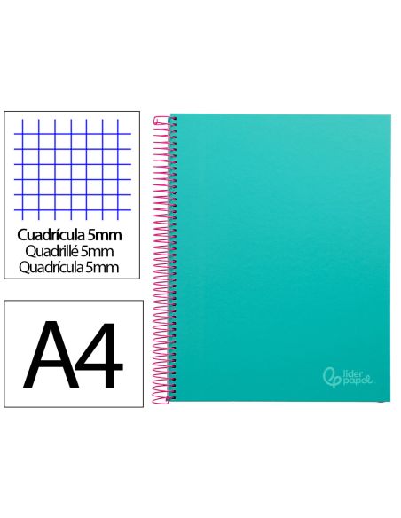 Cuaderno Espiral Liderpapel A4 Micro Jolly Tapa Forrada 140H 75Gr Cuadro 5Mm 5 Bandas 4 Taladros Color Turquesa