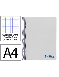 Cuaderno Espiral Liderpapel A4 Micro Wonder Tapa Plastico 120H 90Gr Cuadro 5Mm 5 Bandas 4 Taladros Color Gris
