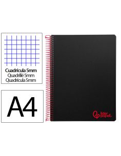 Cuaderno Espiral Liderpapel A4 Micro Wonder Tapa Plastico 120H 90 Gr Cuadro 5Mm 5 Bandas 4 Taladros Color Negro