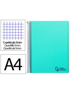 Cuaderno Espiral Liderpapel A4 Micro Wonder Tapa Plastico 120H 90Gr Cuadro 5Mm 5 Banda 4 Taladro Color Verde Turquesa
