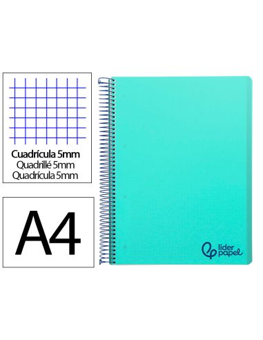 Cuaderno Espiral Liderpapel A4 Micro Wonder Tapa Plastico 120H 90Gr Cuadro 5Mm 5 Banda 4 Taladro Color Verde Turquesa