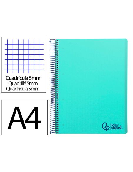 Cuaderno Espiral Liderpapel A4 Micro Wonder Tapa Plastico 120H 90Gr Cuadro 5Mm 5 Banda 4 Taladro Color Verde Turquesa
