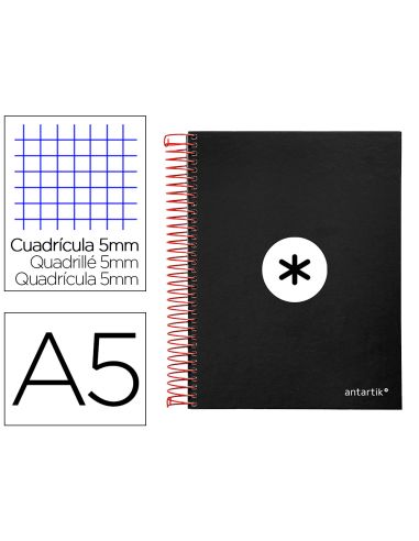 Cuaderno Espiral A5 Micro Antartik Tapa Forrada120H 90 Gr Cuadro 5Mm 5 Bandas6 Taladros Color Negro