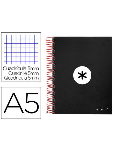 Cuaderno Espiral A5 Micro Antartik Tapa Forrada120H 90 Gr Cuadro 5Mm 5 Bandas6 Taladros Color Negro