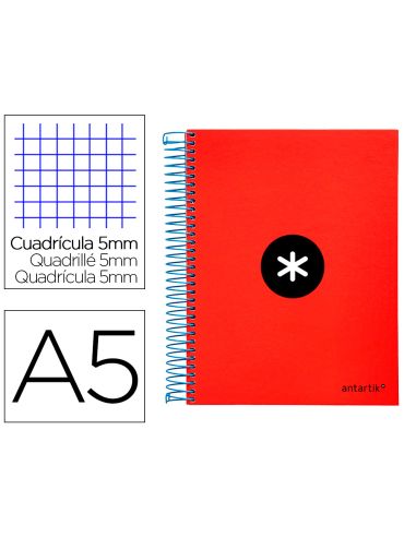 Cuaderno Espiral A5 Micro Antartik Tapa Forrada120H 90 Gr Cuadro 5Mm 5 Bandas6 Taladros Color Rojo