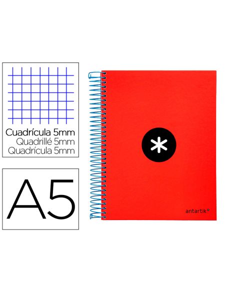 Cuaderno Espiral A5 Micro Antartik Tapa Forrada120H 90 Gr Cuadro 5Mm 5 Bandas6 Taladros Color Rojo