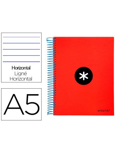 Cuaderno Espiral A5 Micro Antartik Tapa Forrada 120H 90 Gr Horizontal 5 Bandas 6 Taladros Color Rojo
