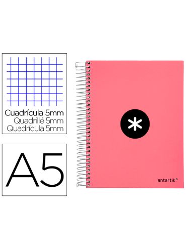 Cuaderno Espiral A5 Micro Antartik Tapa Forrada120H 90 Gr Cuadro 5 Mm 5 Band 6 Taladros Color Coral