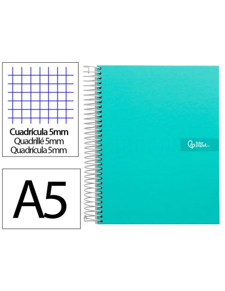 Cuaderno Espiral Liderpapel A5 Micro Crafty Tapa Forrada 120H 90Gr Cuadro 5Mm 5 Bandas 6 Taladros Color Turquesa