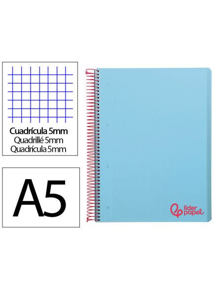 Cuaderno Espiral Liderpapel A5 Micro Wonder Tapa Plastico 120H 90Gr Cuadro 5Mm 5 Bandas 6 Taladros Color Celeste
