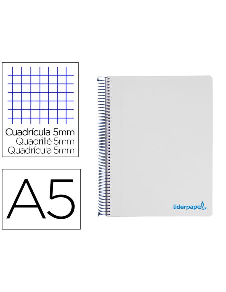 Cuaderno Espiral Liderpapel A5 Micro Wonder Tapa Plastico 120H 90Gr Cuadro 5Mm 5 Bandas 6 Taladros Color Gris