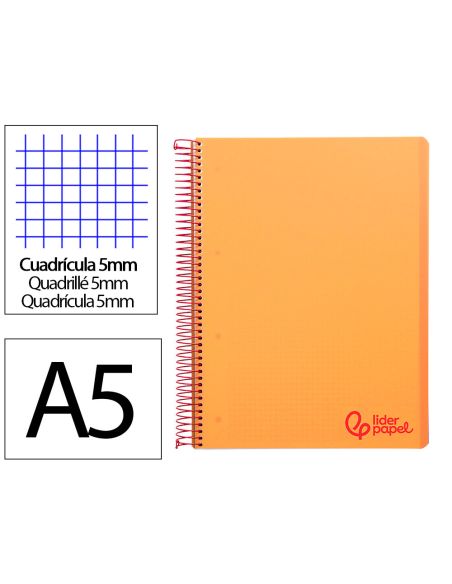 Cuaderno Espiral Liderpapel A5 Micro Wonder Tapa Plastico 120H 90Gr Cuadro 5Mm 5 Bandas 6 Taladros Color Naranja