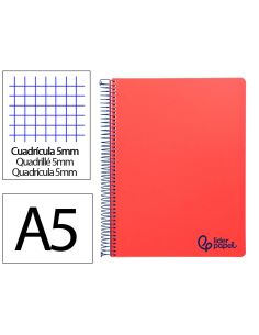 Cuaderno Espiral Liderpapel A5 Micro Wonder Tapa Plastico 120H 90Gr Cuadro 5Mm 5 Bandas 6 Taladros Color Rojo