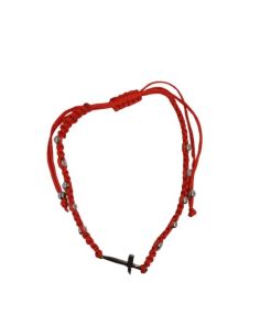 Pulsera Macrame Cruz Acero Roja