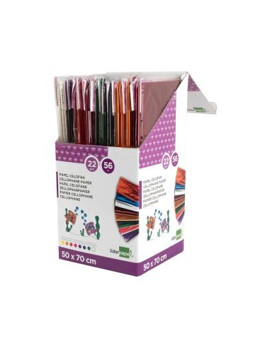 Papel Celofan Liderpapel 50X70 Cm Expositor De 56 Bolsas De 5 Hojas 8 Colores Surtidos