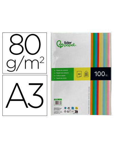 Papel Color Liderpapel A3 80Gr 10 Colores Surtidos Paquete 100 Hojas