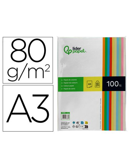 Papel Color Liderpapel A3 80Gr 10 Colores Surtidos Paquete 100 Hojas