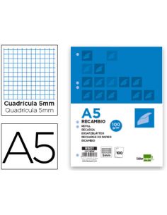 Recambio Liderpapel A5 100 H 100Gr Cuadro 5Mm Con M Argen 6 Taladros