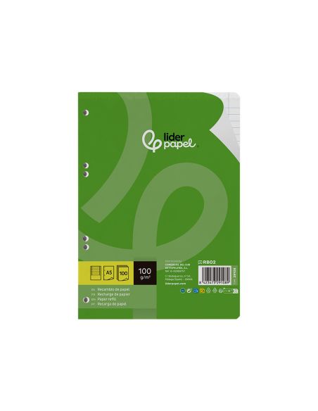 Recambio Liderpapel A5 100 H 100Gr Horizontal Doble Margen 6 Taladros