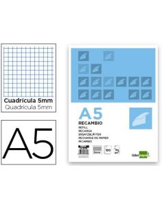 Recambio Liderpapel A5 120 Hojas 75Gr Cuadro 5Mm Sin Ma Rgen 6 Taladros Bandas De 5 Colores