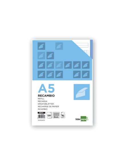 Recambio Liderpapel A5 120 Hojas 75Gr Cuadro 5Mm Sin Ma Rgen 6 Taladros Bandas De 5 Colores