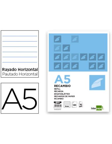 Recambio Liderpapel A5 120 Hojas 80Gr Horizontal Sin Ma Rgen 6 Taladros Bandas De 5 Colores