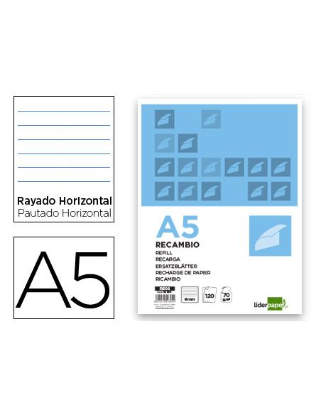 Recambio Liderpapel A5 120 Hojas 80Gr Horizontal Sin Ma Rgen 6 Taladros Bandas De 5 Colores