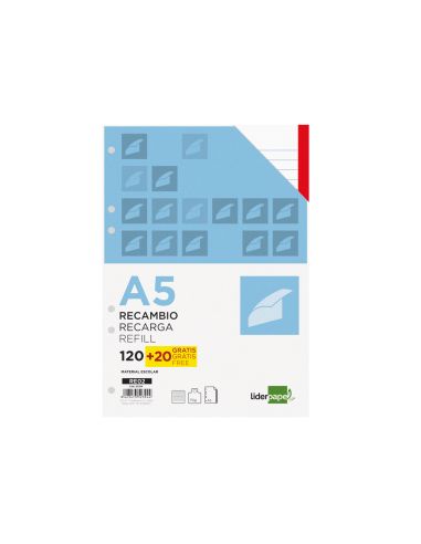 Recambio Liderpapel A5 120 Hojas 80Gr Horizontal Sin Ma Rgen 6 Taladros Bandas De 5 Colores