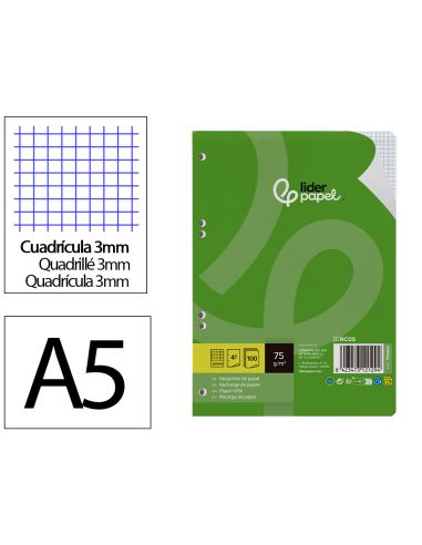 Recambio Liderpapel A5 100 Hojas 75Gr Cuadro 3Mm Con Margen 6 Taladros