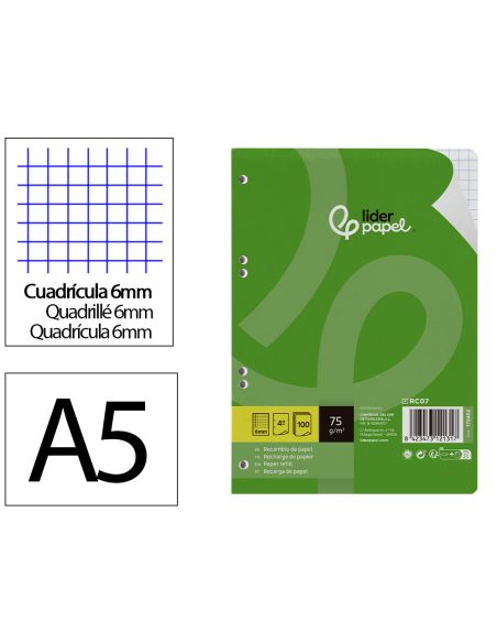 Recambio Liderpapel A5 100 Hojas 75Gr Cuadro 6Mm Con Margen 6 Taladros