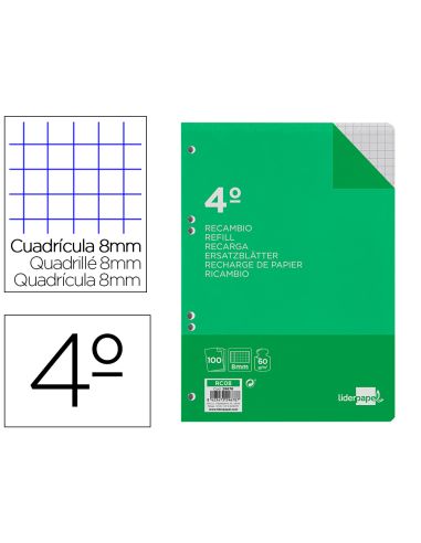 Recambio Liderpapel Cuarto 100 Hojas 60Gr Cuadro 8Mm Con Margen 6 Taladros