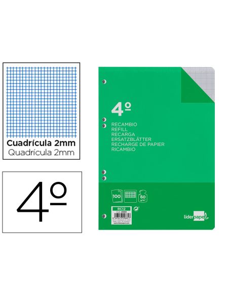 Recambio Liderpapel Cuarto 100 Hojas 60Gr Milimetrado Sin Margen 6 Taladros