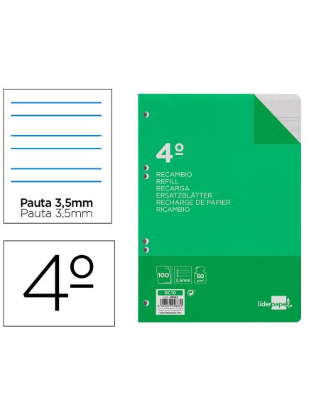 Recambio Liderpapel Cuarto 100 Hojas 60Gr Pauta 4ª 3.5Mm Con Margen 6 Taladros