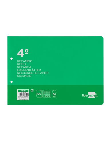 Recambio Liderpapel Cuarto Apaisado 100 Hojas 60Gr Cuadro 4 Mm 2 Taladros Con Margen