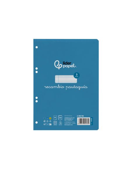 Recambio Liderpapel A5 Pautaguia 100 Hojas 75Gr Cuadriculado Pautado 3Mm Con Margen 6 Taladros