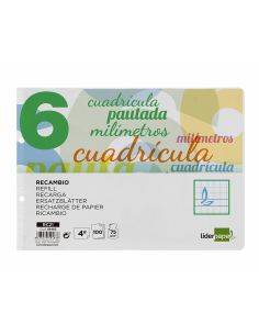 Recambio Liderpapel Cuarto Apaisado Pautaguia 100 Hojas 75Gr Cuadriculado Pautado 6Mm Con Margen 2 Taladros 2