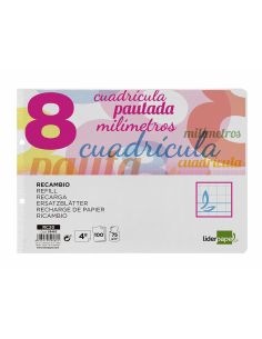 Recambio Liderpapel Cuarto Apaisado Pautaguia 100 Hojas 75Gr Cuadriculado Pautado 8Mm Con Margen 2 Taladros 2