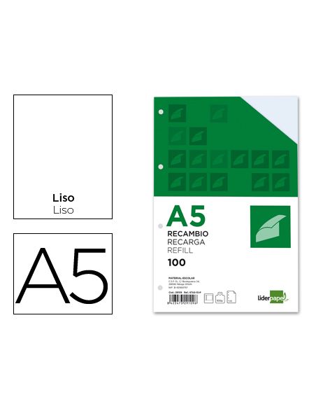 Recambio Liderpapel A5 100H 100Gr Liso Doble Margen 6 Taladros