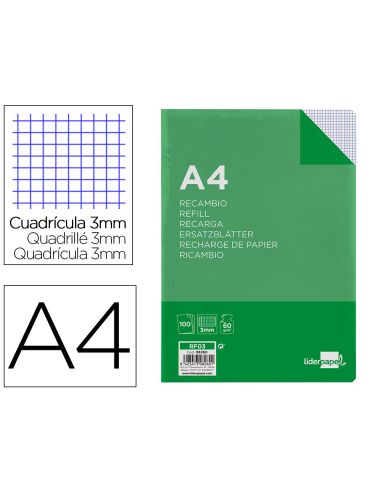 Recambio Liderpapel A4 100 Hojas 60Gr Cuadro 3 Mm Con Margen 4 Taladros