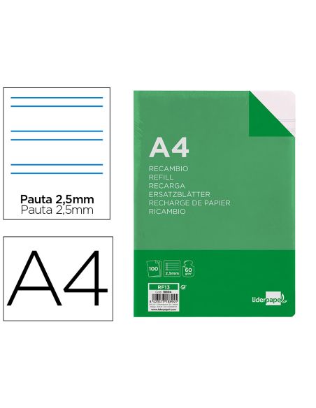 Recambio Liderpapel Folio 100 Hojas 60Gr Pauta 5ª 2.5Mm Con Margen 16 Taladros