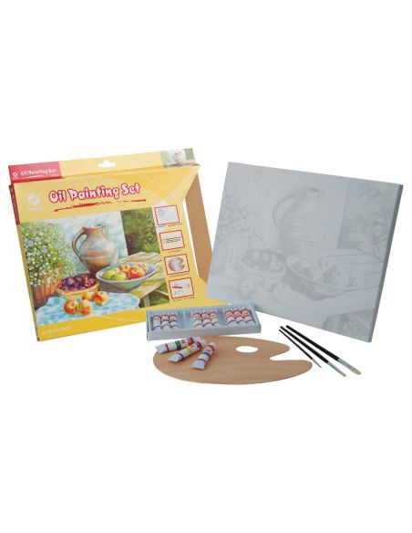 Set Pintura Al Oleo Lidercolor Contiene 1 Lienzo Imprimacion 30X40Cm 1 Paleta Madera 3 Brochas Tubos 12X12Ml Oleo