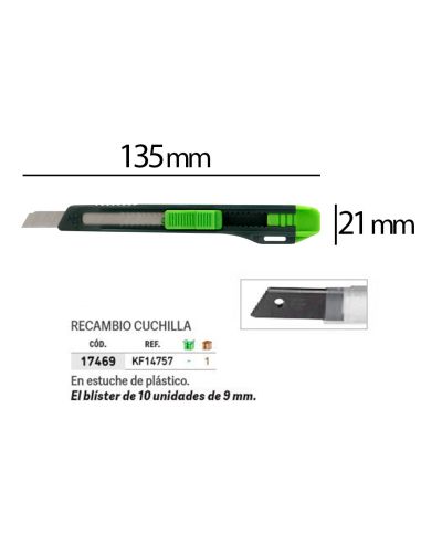 Cuter Q-Connect Plastico Estrecho Con Asa Para Colgar Cuchilla 9 Mm Xd-07 Blister 1 Unidad