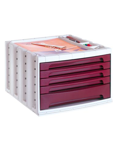 Fichero Cajones De Sobremesa Archivo 2000 305X370X215 Mm Bandeja Organizadora Superior 5 Cajones Burdeos Opaco