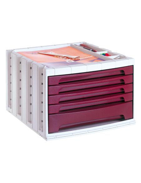 Fichero Cajones De Sobremesa Archivo 2000 305X370X215 Mm Bandeja Organizadora Superior 5 Cajones Burdeos Opaco
