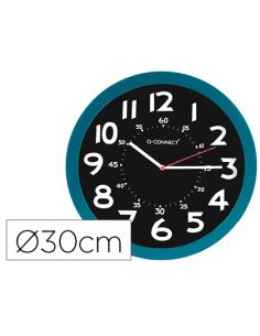 Reloj Q-Connect De Pared Plastico Oficina Redondo 30 Cm Color Azul Y Esfera Color Negro